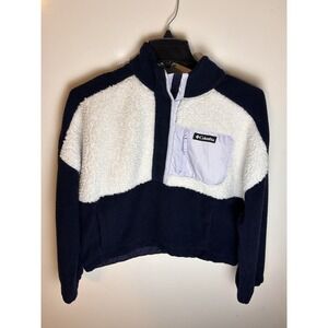 Columbia Women's Sherpa Fleece Pullover Jacket XL Relaxed Fit Blue And White